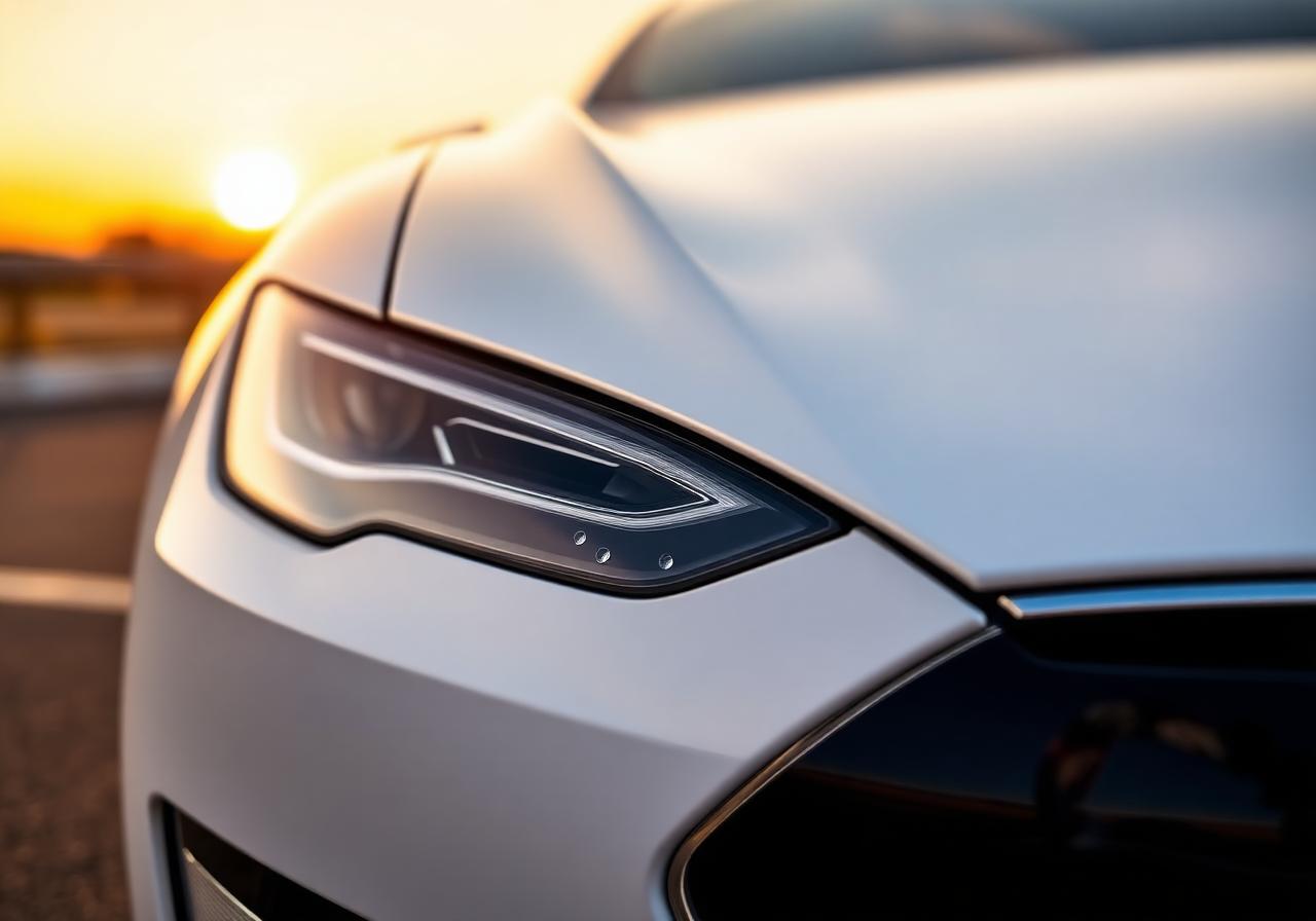 White Tesla with ceramic coating at sunset