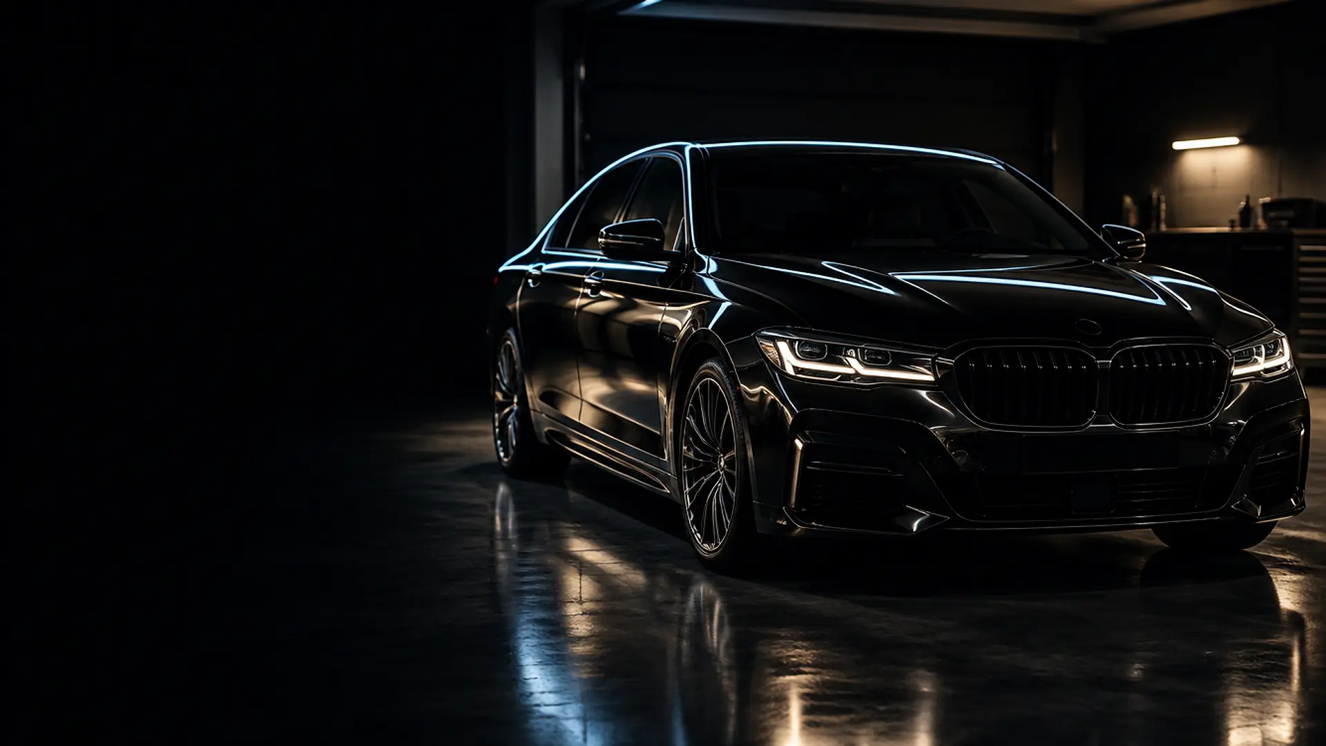 Black sedan under a single pale-blue rim light in a dark garage (brand illustration)